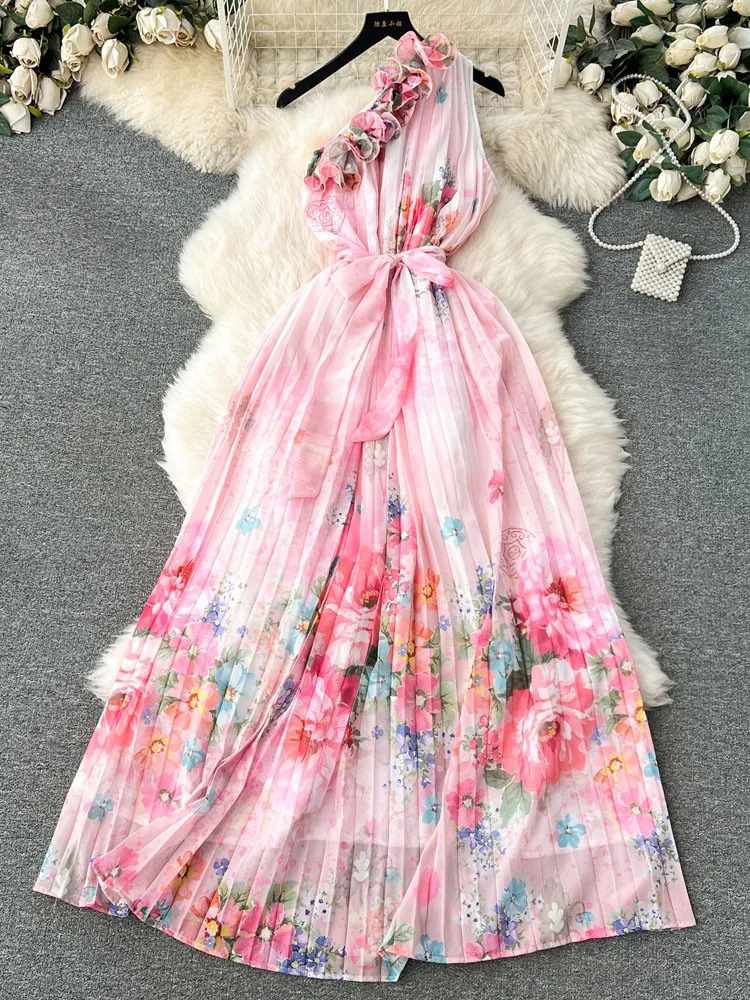 

Lusumily Sexy Off Shoulder Chiffon Long Dress Women Printed Flowers Pleate Dresses Lady Maxi Beach Dress Female Casual Sundress