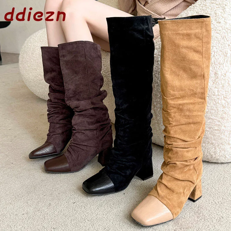 Fashion Pleated Party Ladies Long Boots Shoes Female Square Heels Footwear Modern Women Knee High Boots Shoes New