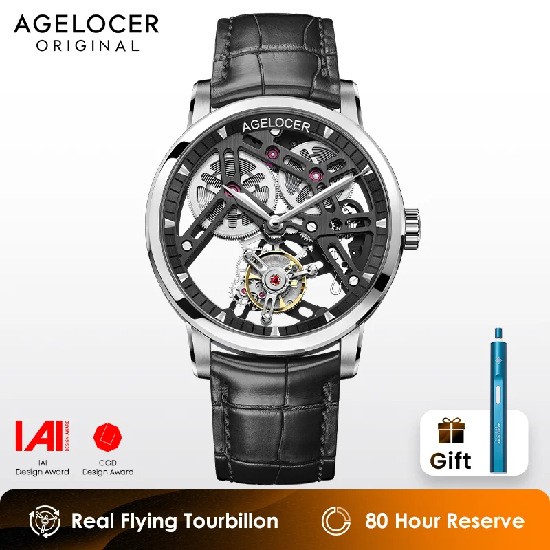 AGELOCER Original Tourbillon Watch Men's Business Formal Luxury Skeleton Manual Mechanical Watch Birthday Gift for Men