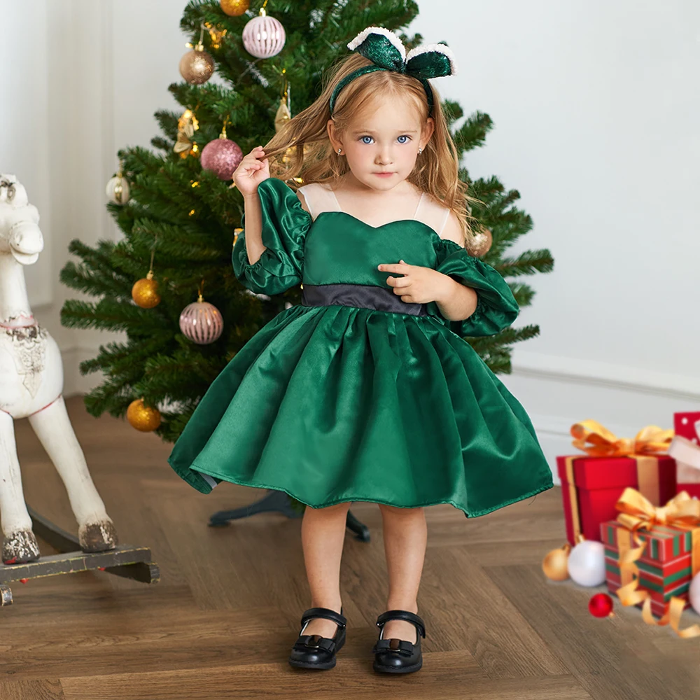 Baby Christmas Dress for Girls Toddler Princess Shoulderless Green 1st Birthday Kids Party Dresses for Girl Wedding Xmas Evening