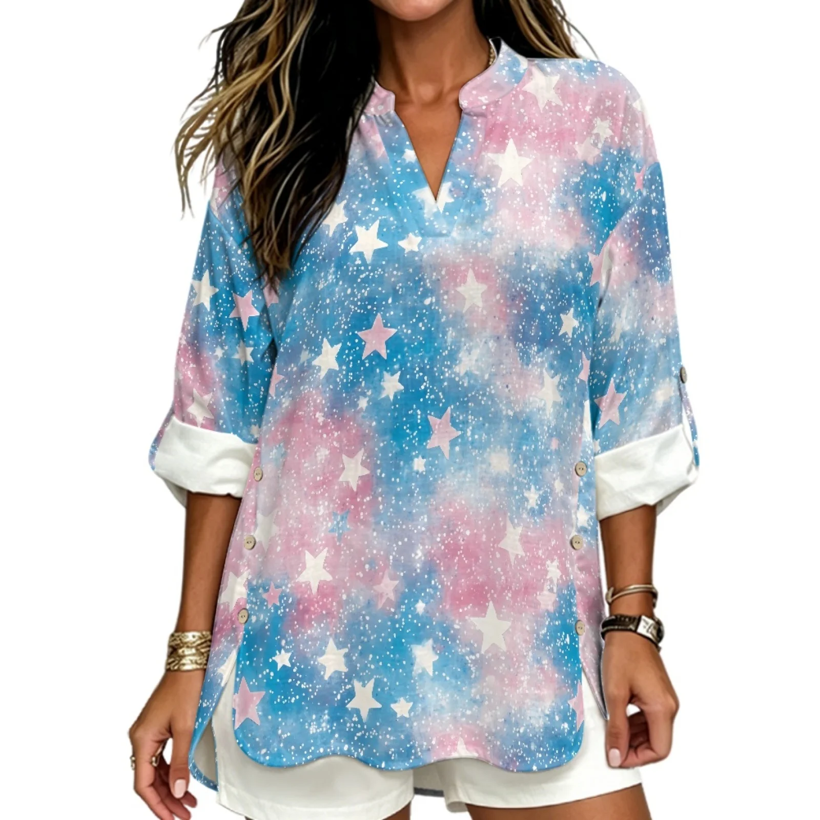 PENSTROLL Starry Sky Print Comfortable Tunic Top for Women Linen-Like Long Sleeve Shirts for Women Notch V Neck Blouses