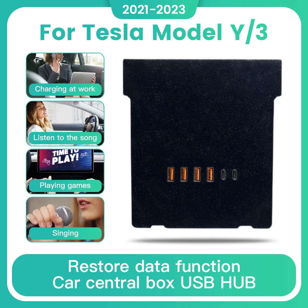 2 Type-c 65W 30W Fast Charging for Tesla Model 3 Y 2021 2022 2023 Car 4 USB Shunt Hub Central Control Adapter Powered Splitter