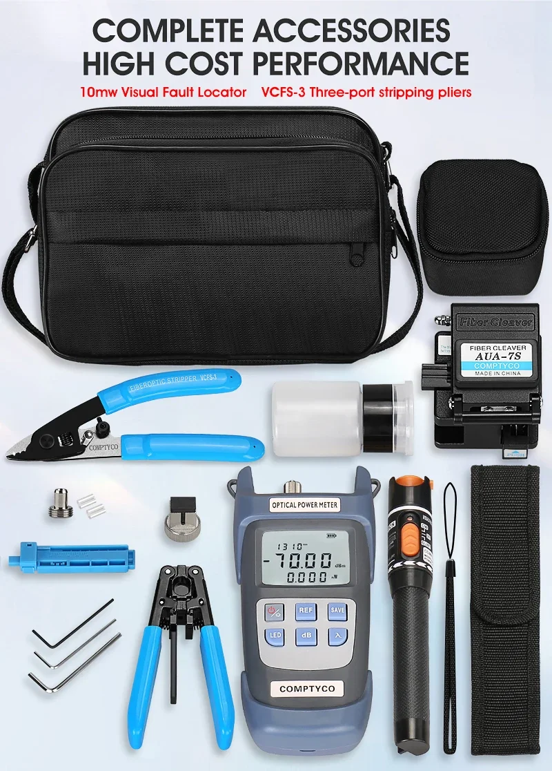 19pcs FTTH Fiber Optic Tool Kit with -70~+10dBm Optical Power Meter 10MW Visual Fault Locator AUA-7S OPM VFL 10KM