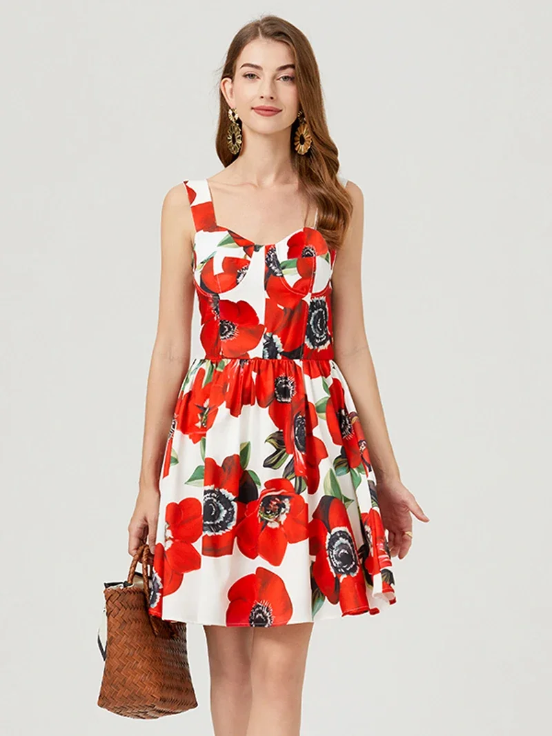 CPSYMYM Sommer Mode Kurze Boho Kleid Frauen Mini Blumen Druck Kleid Weibliche Ärmel Hängenden Gürtel Gedruckt Taille Gefaltetes Kleid