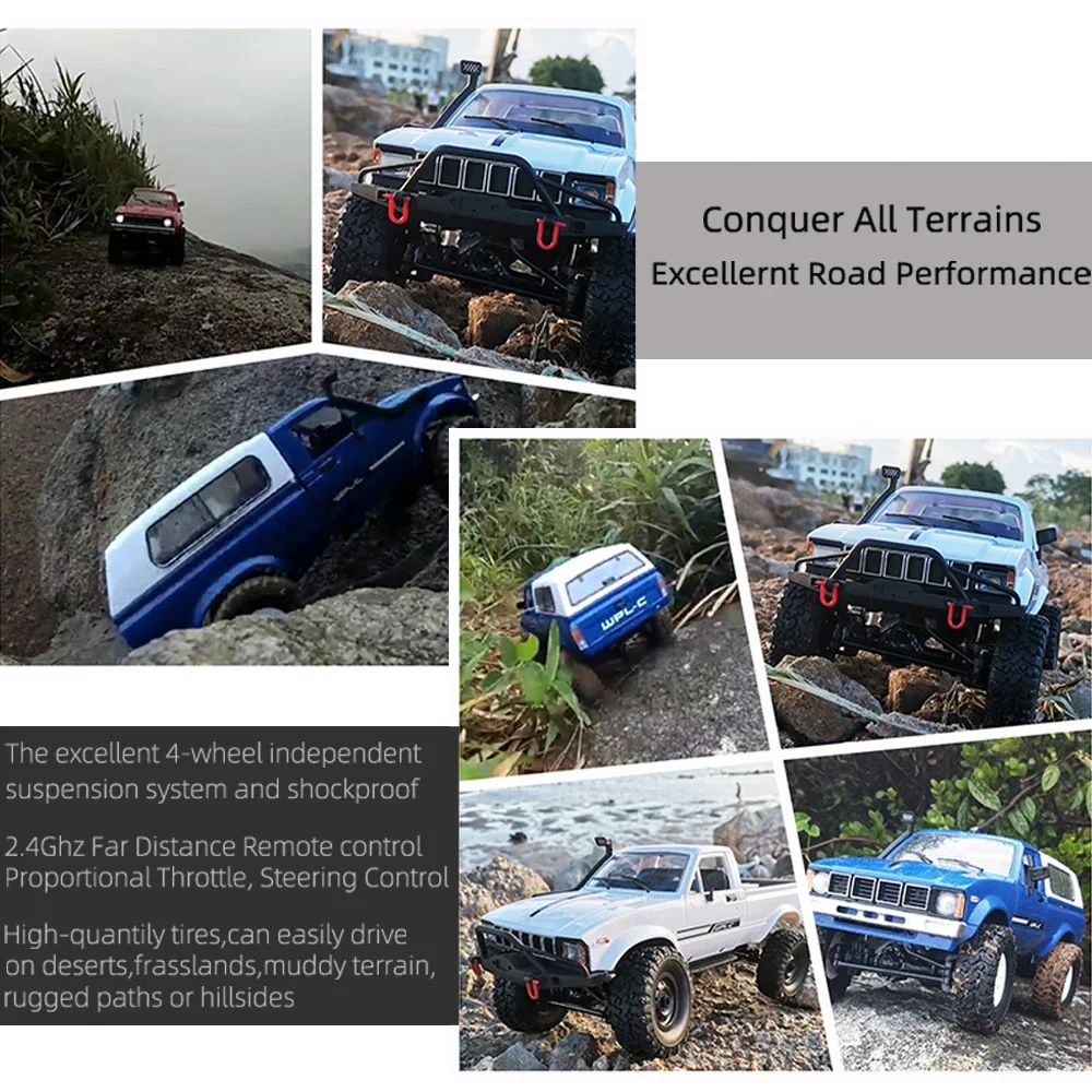 Wpl C24-1 carro rc em escala completa 1:16 2.4g 4wd rock crawler carrinho elétrico caminhão de escalada luz led on-road 1/16 para crianças presentes brinquedos