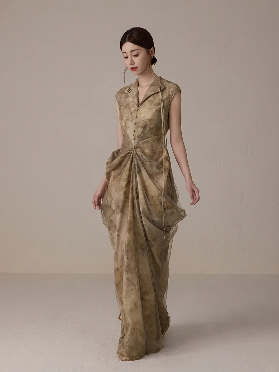 

ONMOON New Chinese Sle Pleated Floral Dr Plant Print Collar Spring Summer New Arrival Women's Dr Casual X Version