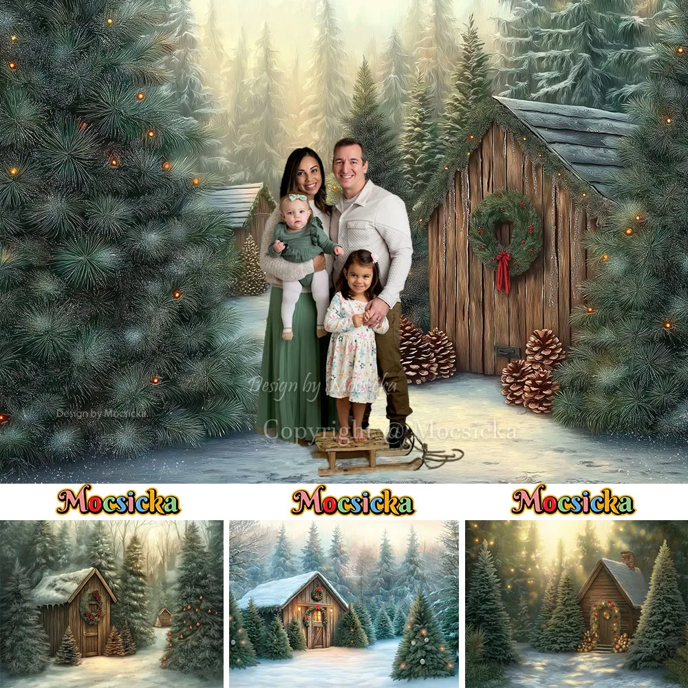 Mocsicka Christmas Tree Farm Backdrop Photography Winter Sunshine Snowflake Cabin Background Family Kids Portrait Photo Booth