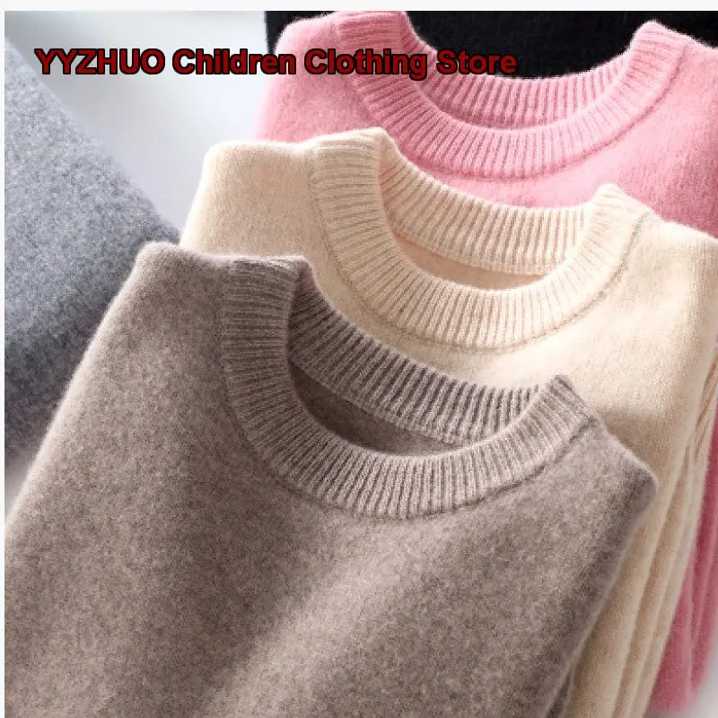 Kids Pullover Sweater Boys Girls Autumn Winter Round Neck Knit Top 100% Cashmere Thickened Warm Soft Base Layer Top Toddler