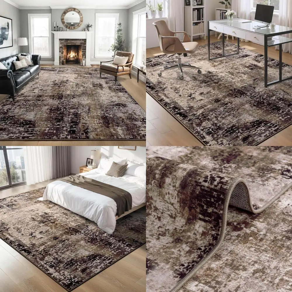 

Brown 8x10 Area Rug, Machine Washable, Abstract Design, Large Boho Carpet, Non-Slip, Non-Shedding, Faux Wool, Indoor Living Room