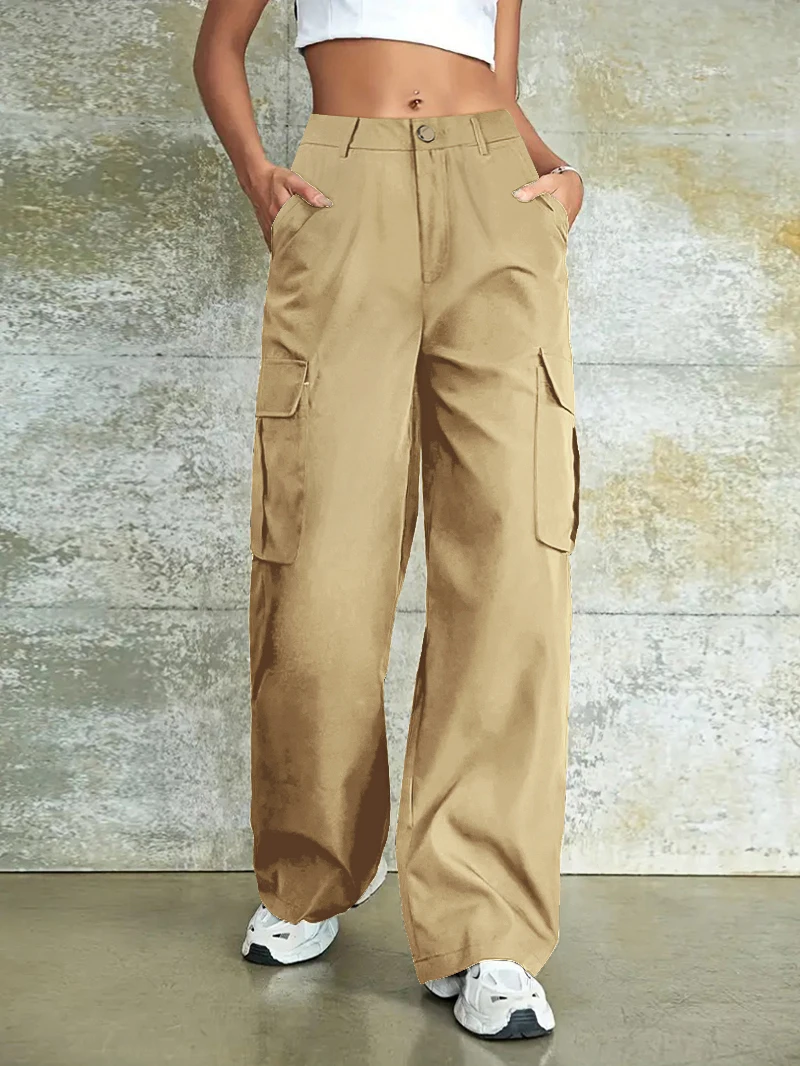 Einfarbige Damen-Cargohose mit mehreren Taschen und hoher Taille, lässige Straßenhose mit geradem Bein für den täglichen Gebrauch, Damenhose