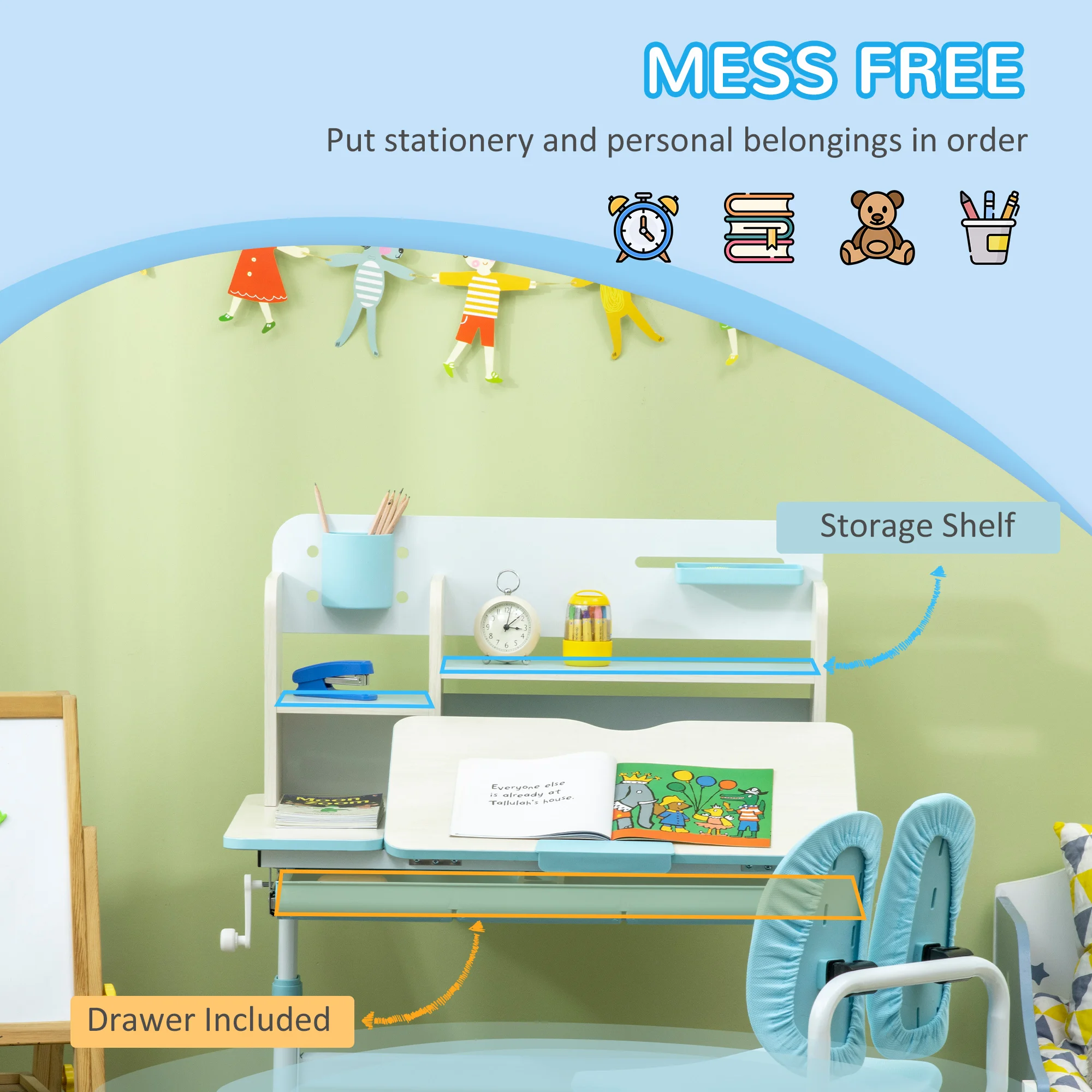 HOMCOM Kids Study Desk and Chair Set, Height Adjustable Set with Storage Shelves, Anti-Slip Mat, for Ages 3-12 Years