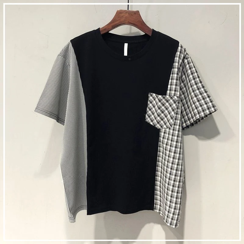 

2024 New Summer Loose Casual College Style Fashionable Round Neck Plaid Color Block Oversized Versatile Short Sleeved T-shirt