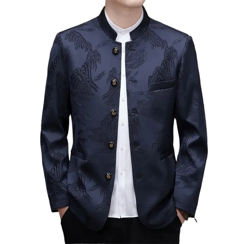2025 New Red High Quality Fashion Casual Tang Suit for Men, Single Breasted Navy Blue Non-iron Mens Blazer,Chinese Tunic Suit