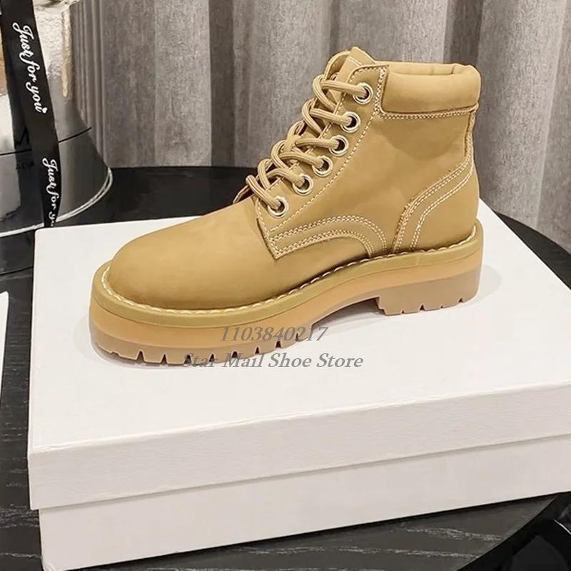 Women Frosted Wheat Yellow Short Boots Hiking Boots Round Toe Thick Sole Lace Up Comfortable Walking Boots Versatile Women Boots