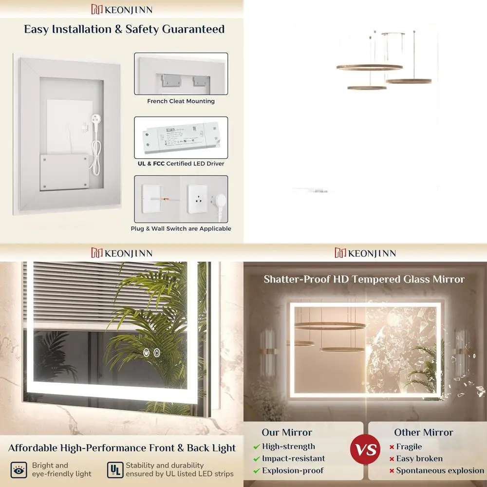 مرآة حمام بإضاءة خلفية LED مقاس 36 × 32 مع مضادة للضباب، تعتيم بدون خطوات، ودرجة حرارة 3 ألوان، وزجاج مقسى عالي الدقة