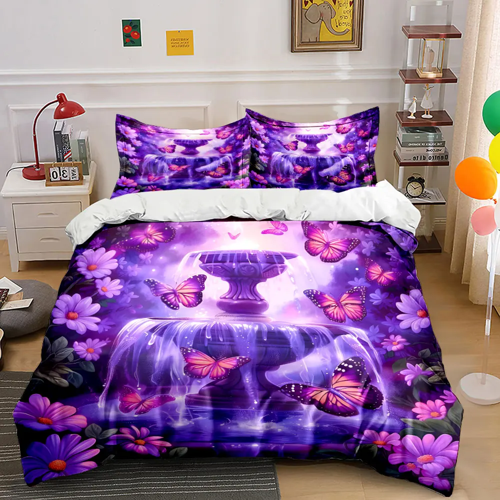 

Purple fountain with dreamy butterflies Bedding Set for Kids Luxury Gift 3pcs Digital Print Comforter Set Soft Comfortable