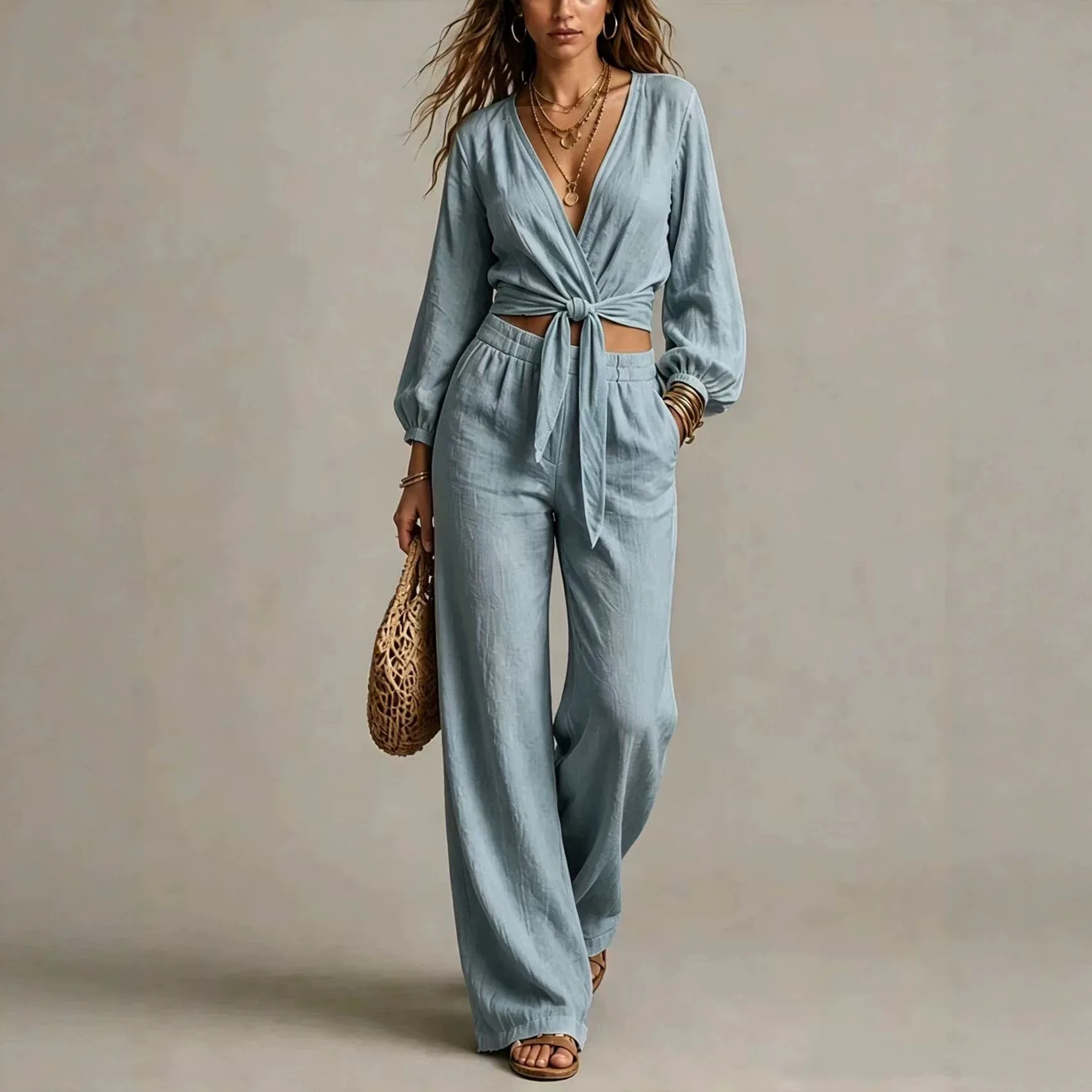 XXOWENLI Women's Autumn Suit With Trousers Solid Belted Shirt Matching Pants Suits Casual Vacation Beach Trousers Suit Vestidos