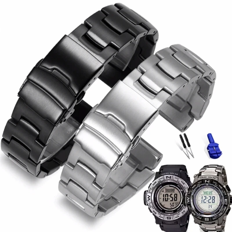 Black Silver Convex Mouth Stainless Steel Watchband 18mm Solid Links Bracelet Fit For Casio PROTREK PRW-3500/2500 PRG260 Watch