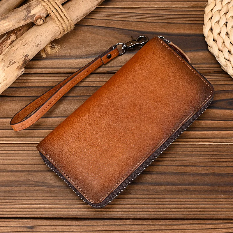 Retro Genuine Leather Long Purse Cash Phone Multi Card Holder Zipper Purse For Ladies Women Men Women Leather Wallet Vintage