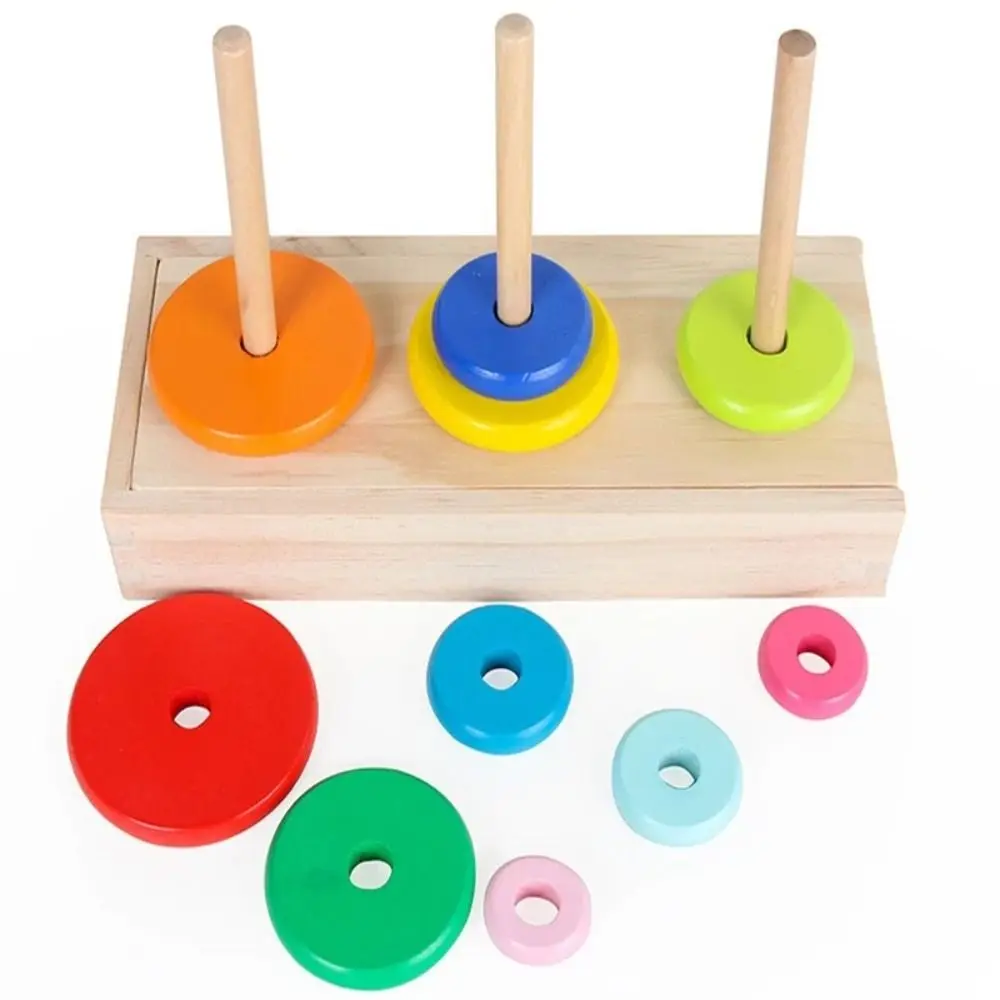 Wooden Material Hanoi Tower Classic Design With Storage Box Montessori Wooden Toys Rainbow Colors Fine Motor Training
