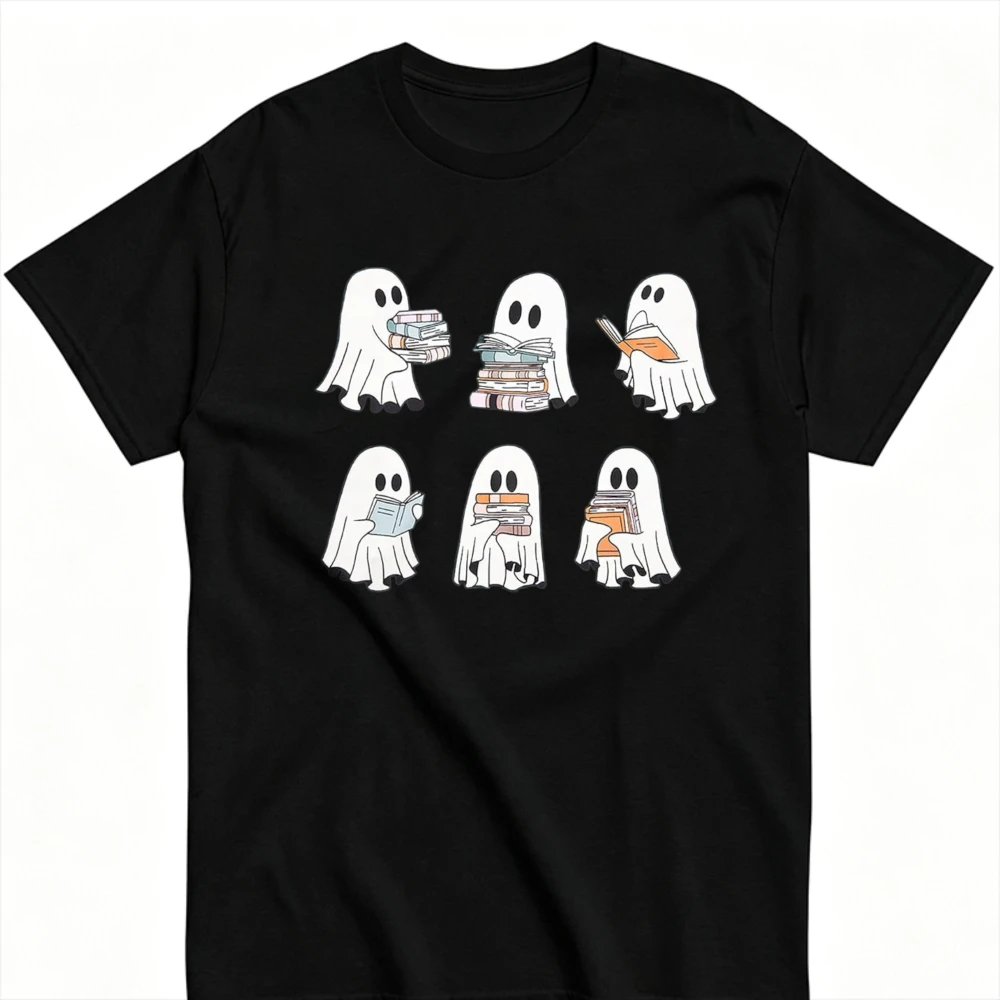 Halloween Book‑Loving Ghosts Graphic T‑Shirt Cute Reading Ghost Book Stack Library Spooky Season Print  Crew Neck Casual Tops