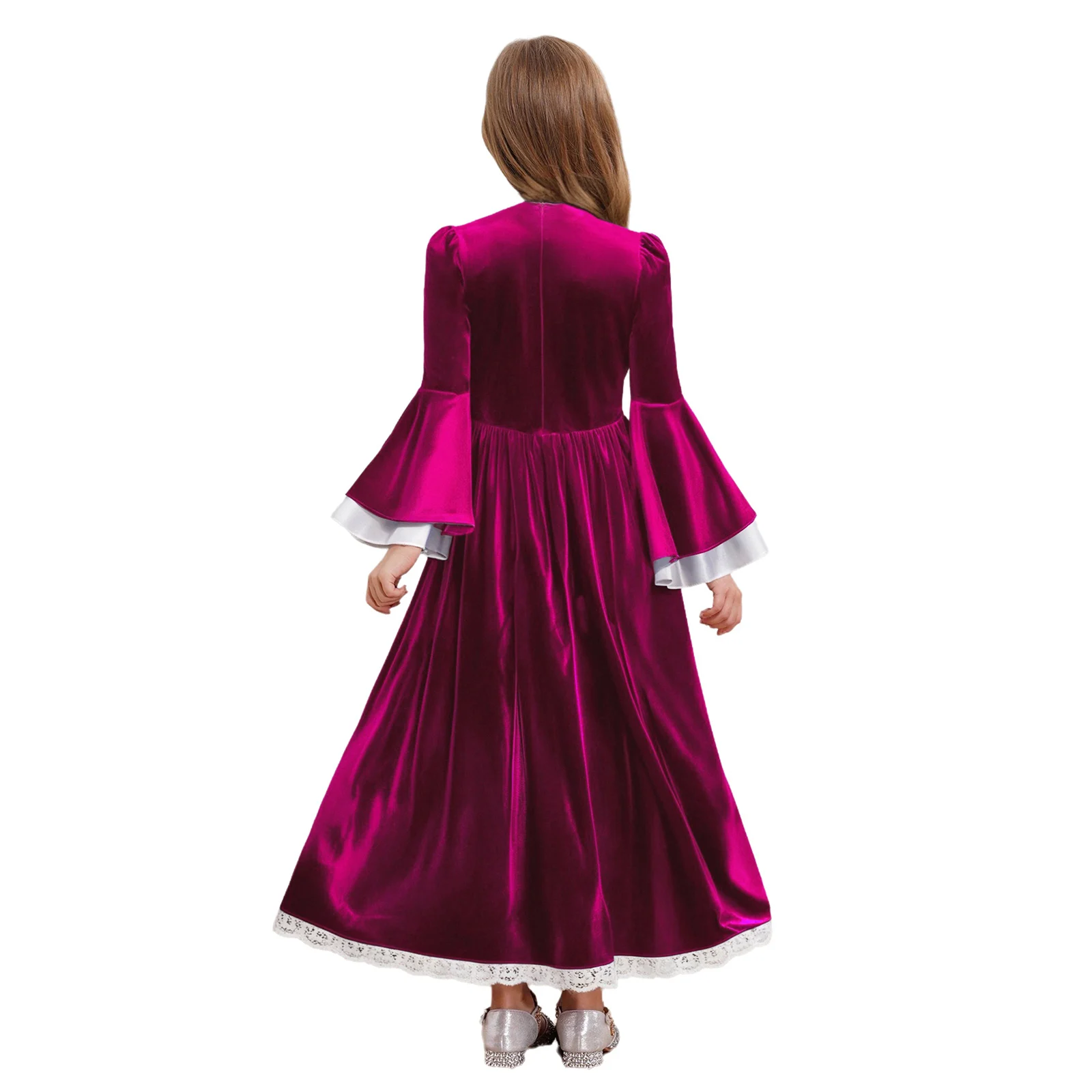 

Halloween Medieval Princess Costume for Kid Girls Cosplay Dress Color Contrast Long Bell Sleeve Ruffled Lace Trim Party Dress Up