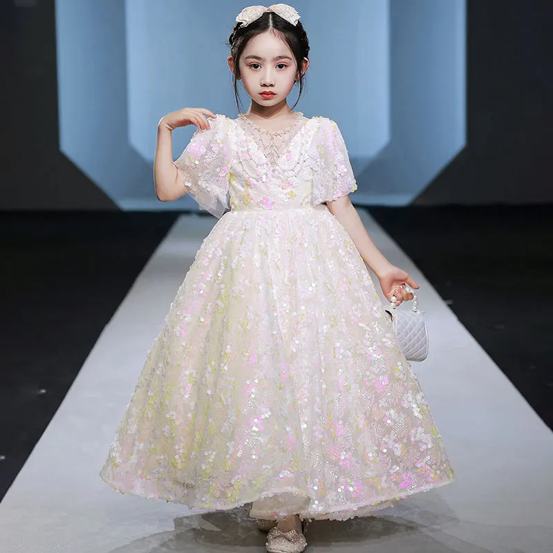 Little Girls Sparkle Sequin Gown Kids Church White Pink Dress for Party Children Model Fashion Show Beauty Game Dress Teen Girls