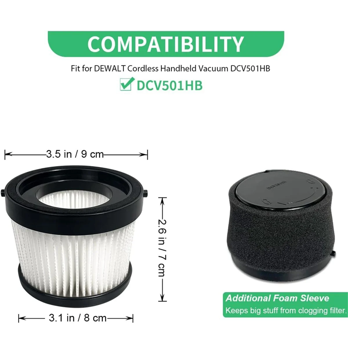 2Pcs DCV5011H HEPA Filter for DCV501HB Cordless Handheld Vacuum, with 4 Foam Sleeve Filters & 1 Brush