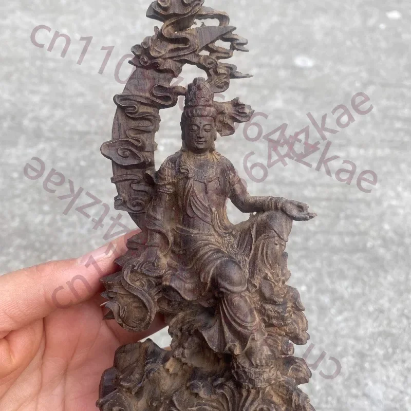 Exquisite Hand Carved wood Water Moon Guanyin Statue Figurine Kuan Yin Bodhisattva Ornament Home Living Room Temple Altar