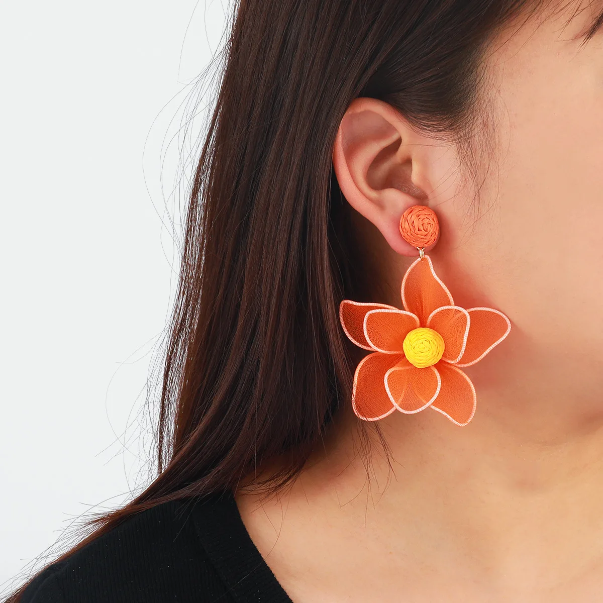 Cloth flower raffia earrings fashionable personalized design earrings niche high-end three-dimensional bohemian
