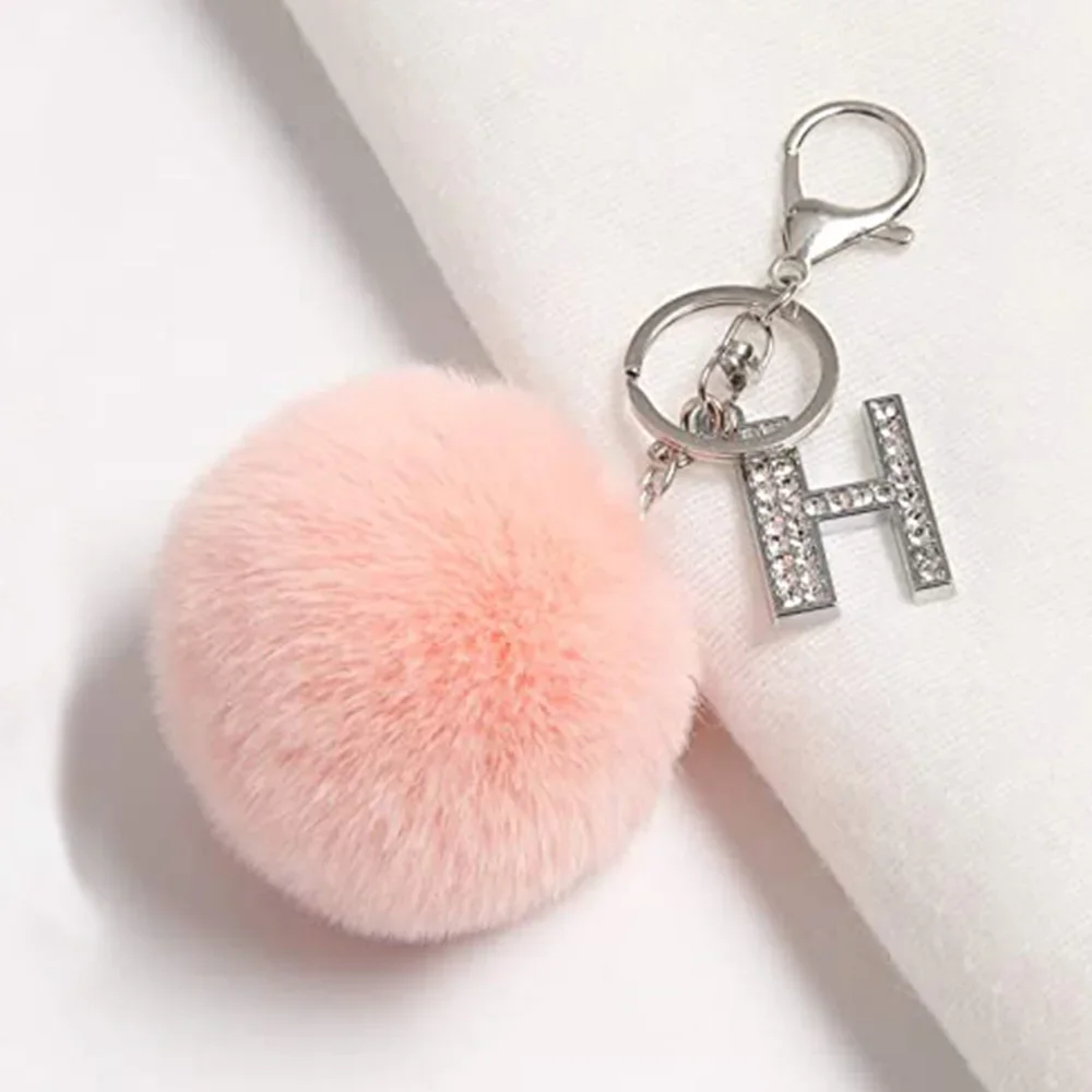Fashion Metal Rhinestone Letter Keychains With Pink Pom Pom Faux Rabbit Fur Ball For Women Handbag Decoration