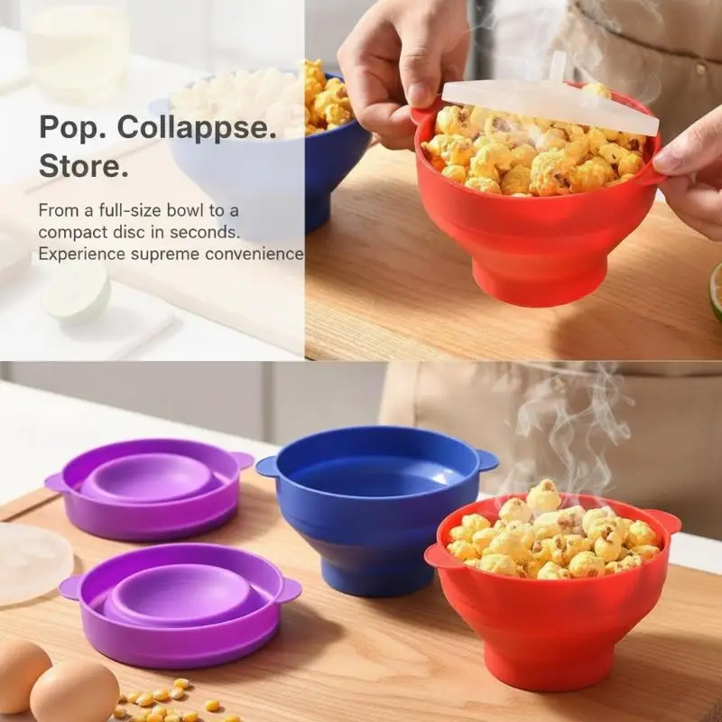 Collapsible Silicone Microwave Popcorn Maker Heat Resistant Popper Bowl with Lid for Kitchen Daily Use