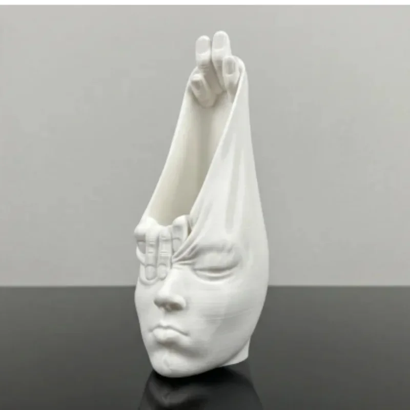 3D‑Printed Plastic Abstract Face Vase, Unique Hand‑Shaped Hollow Face Sculpture, Creative Art‑Style Desktop Flower Container