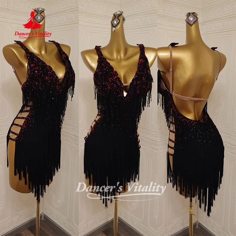 Lateinamerikanisches Tanzkleid mit Rückenausschnitt und Quasten für Erwachsene und Kinder, Maßgeschneidertes Cha-Cha-Samba-Rumba-Performancekostüm, Tänzer-Vitalitätsoutfit