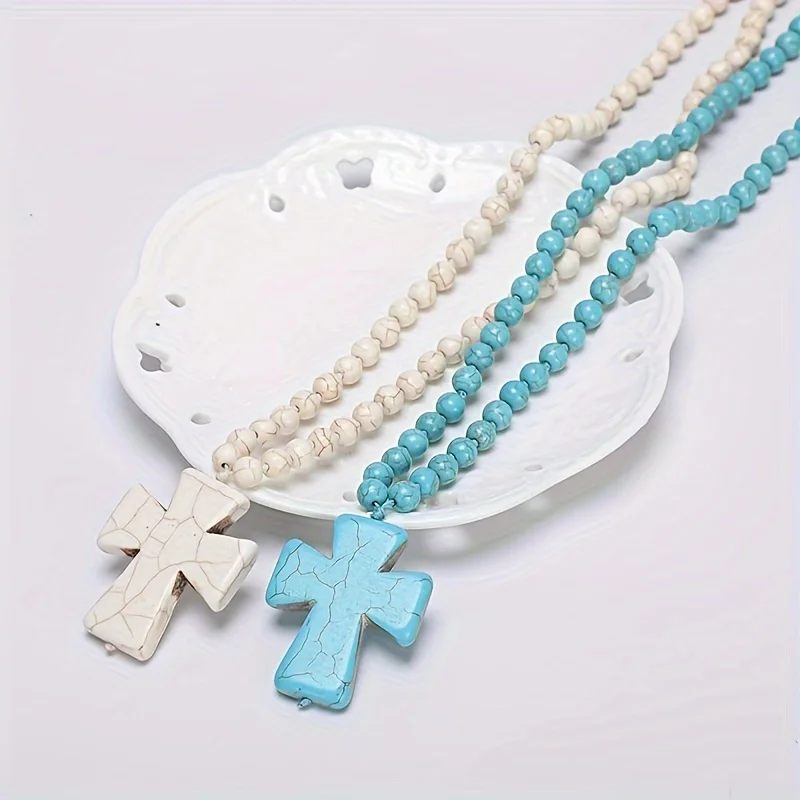 Ethnic wind turquoise necklace Women\'s retro cross pendant Long necklace imitation turquoise sweater chain