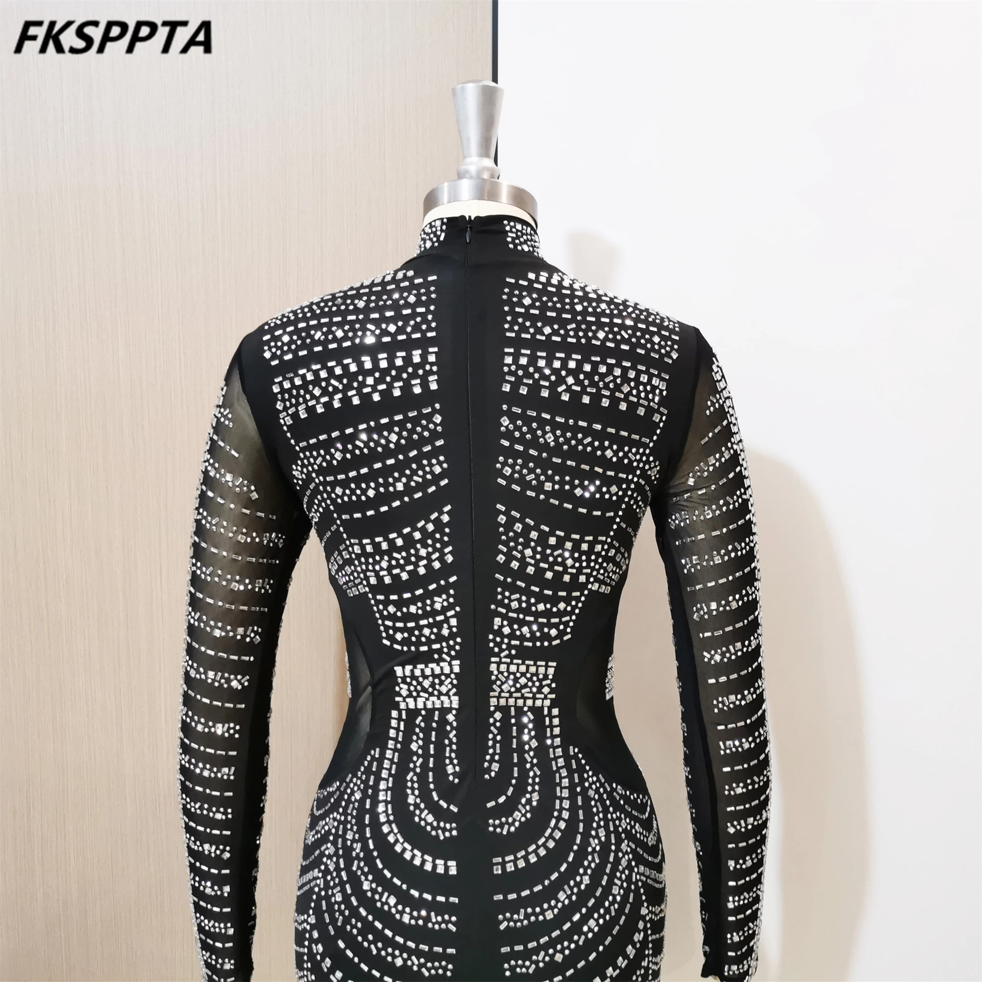 Vestido de noite curto feminino, Manga completa, Cristais, Gola alta, Elástico, Vestidos para ocasiões especiais, Requintado, Preto, Requintado, 2024