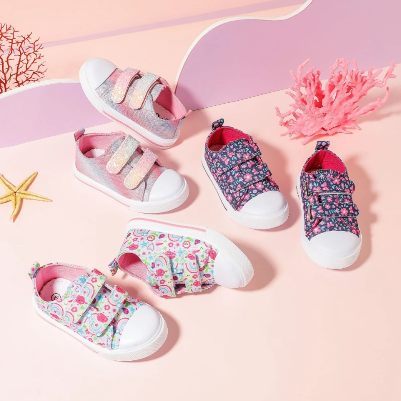 Kids Canvas Shoes 2026 Korean Style Classic Cute Design Breathable Hook And Loop Casual Skate Shoes For Boys Girls Students Spri