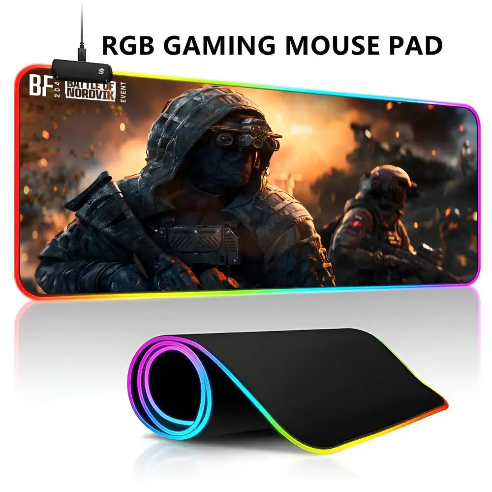 B-Battlefield 2042 RGB LED Light Gaming Mousepad Waterproof Large Gamer Mouse Carpet Big Mause Keyboard Pad PC Desk Play Mat wit