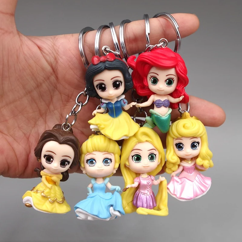 Disney Cartoon Keychain Anime Figure Mermaid Cinderella Rapunzel Car Schoolbag Key Chain Accessory Kids Toys Gift