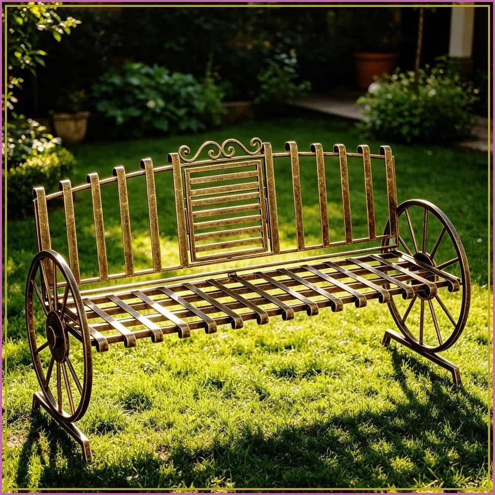 Outdoor Garden Bench with Built-in Table Wagon Wheel Arms 3-Person Bronze Patio Yard