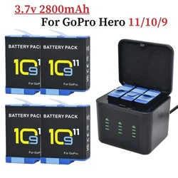 2800mAh for GoPro Hero 11 10 9  Three-Ways LED Light Battery Charger Battery Storage For GoPro 11 10 9 Accessories