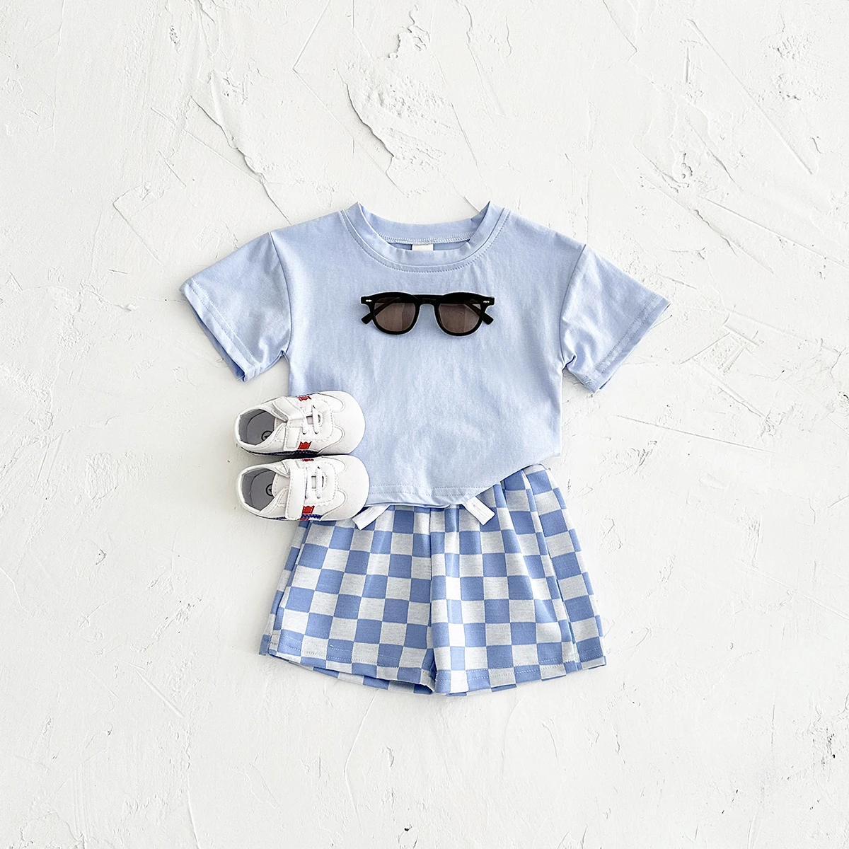 2PCS Summer Newborn Boys Girls Clothing Baby Set Solid Short Sleeved T-shirt+Checkerboard Shorts Cotton Casual 0-3Y