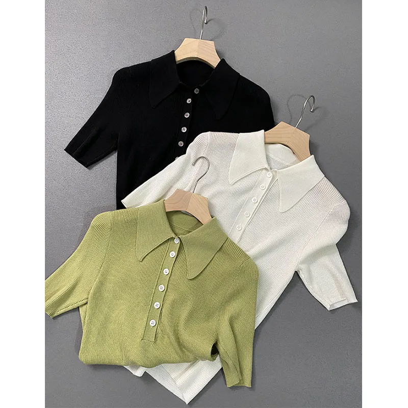 Show your face Small Polo small lapel bright merino wool sweater slim solid color spring and Autumn