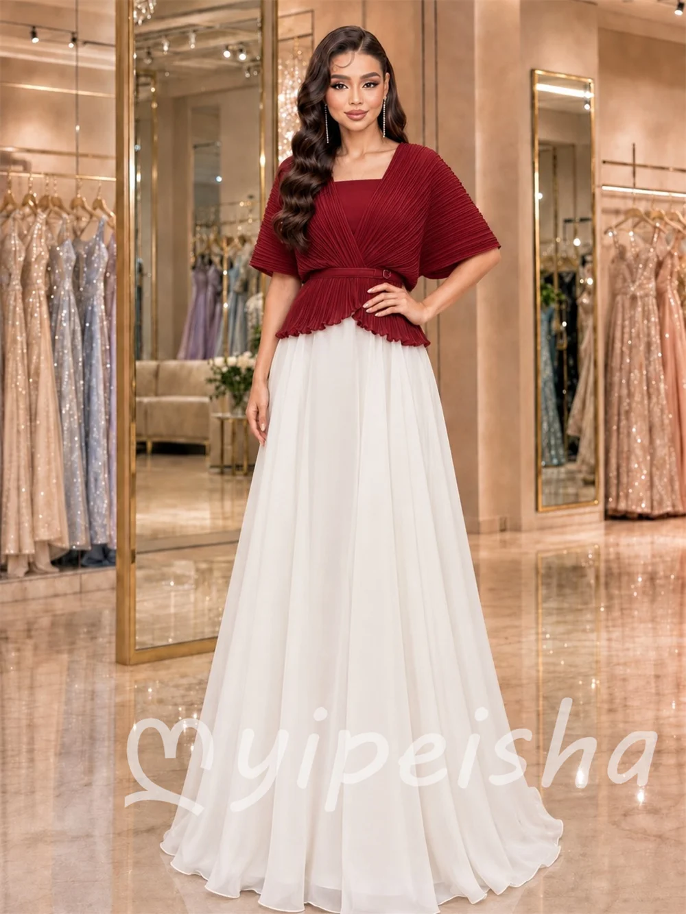 Simple Matching Chiffon Red Sash A-line Off-the-shoulder Floor-Length Evening Dresses for Banquet For Birthday Party Customized
