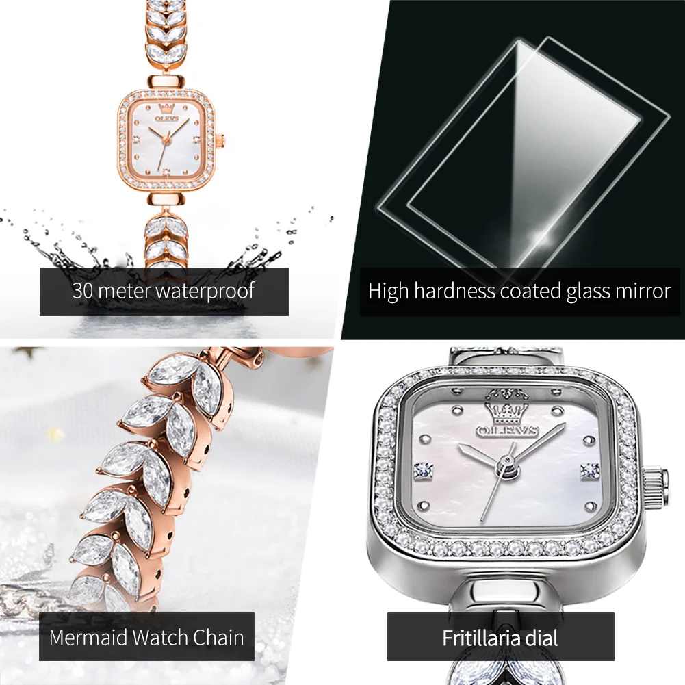 Imagem -05 - Olevs-relógio de Quartzo Sereia de Diamante Feminino Pulseira de Aço Inoxidável Luxo Square Diamond Dial Ladies Veres Original 9987