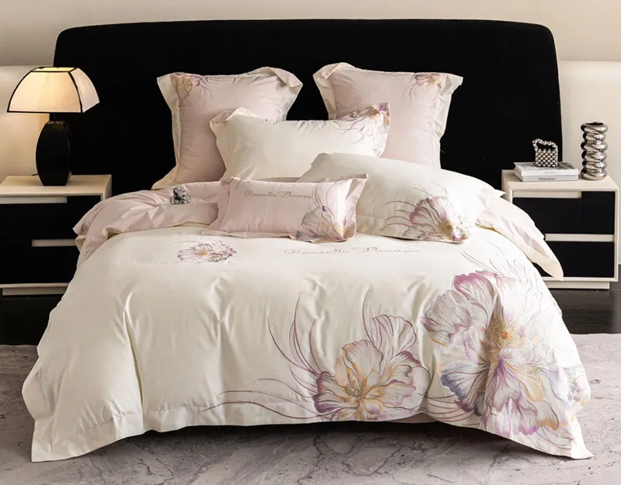 Romantic embroidery flower bedding set double,full queen king modern sand cotton home textile bed sheet pillow case duvet cover