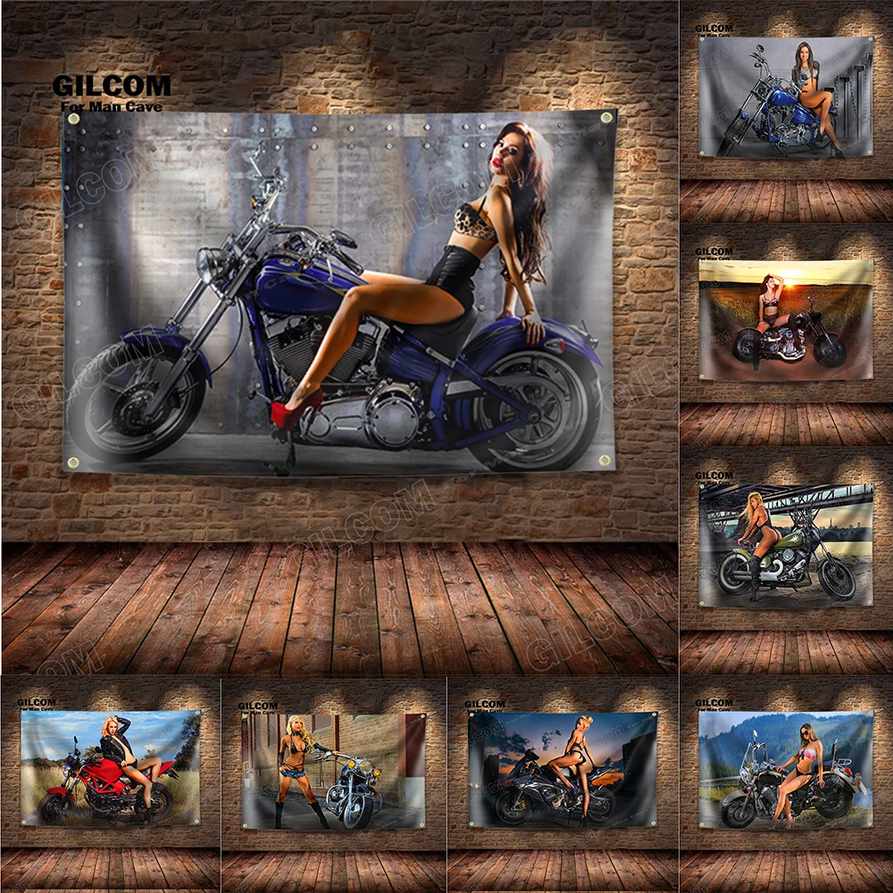 Sexy Lady Banner Flag Motorcycle Works Repair Authorized Dealer Poster Wall Art Decor Advertisement 3×5 FT Vintage Sign Pub Club