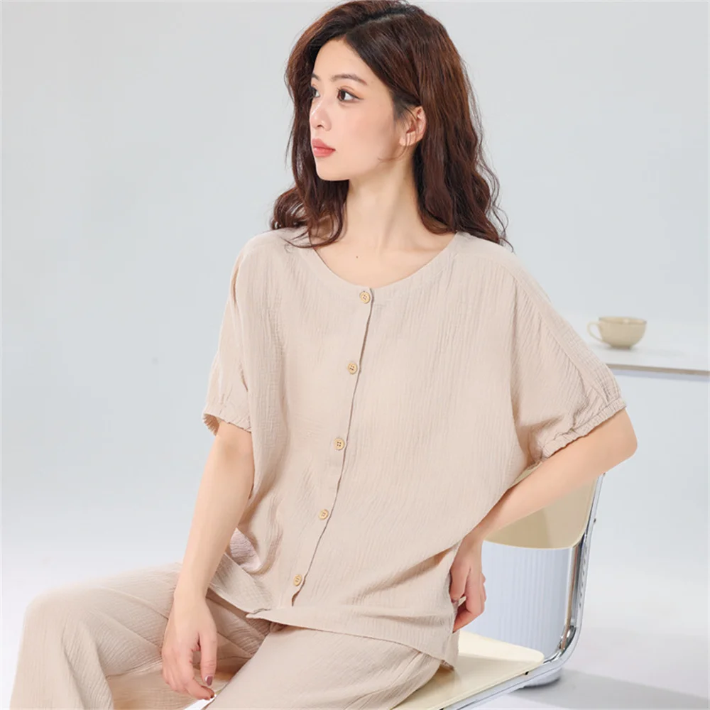 Spring Summer Women Cotton Crepe Pajama Set Short-sleeved Cardigan Trousers Suit Solid Color Loungewear Two-piece Sleepwear New