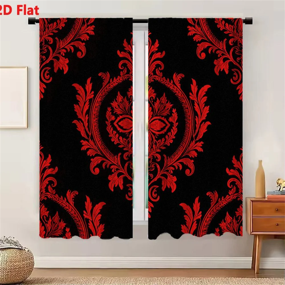 2Pcs Curtains 2D Flat Symmetrical Red Floral Scrollwork Pattern on Black Background Traditional Ornate Damask Design Cohesive De