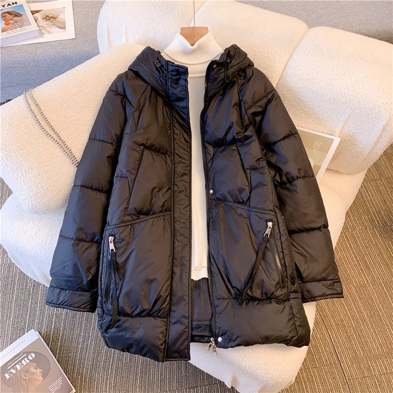 Fall Winter Women's Cotton Jackets Korean Style Long Solid Color Drawstring Fashion Loose Office Lady Hooded Overcoat